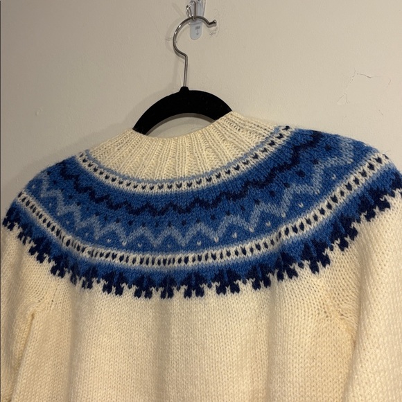 Handknit One of a Kind Handmade Cream + Blue Fair Isle Norwegian Style Cardigan - Picture 11 of 16